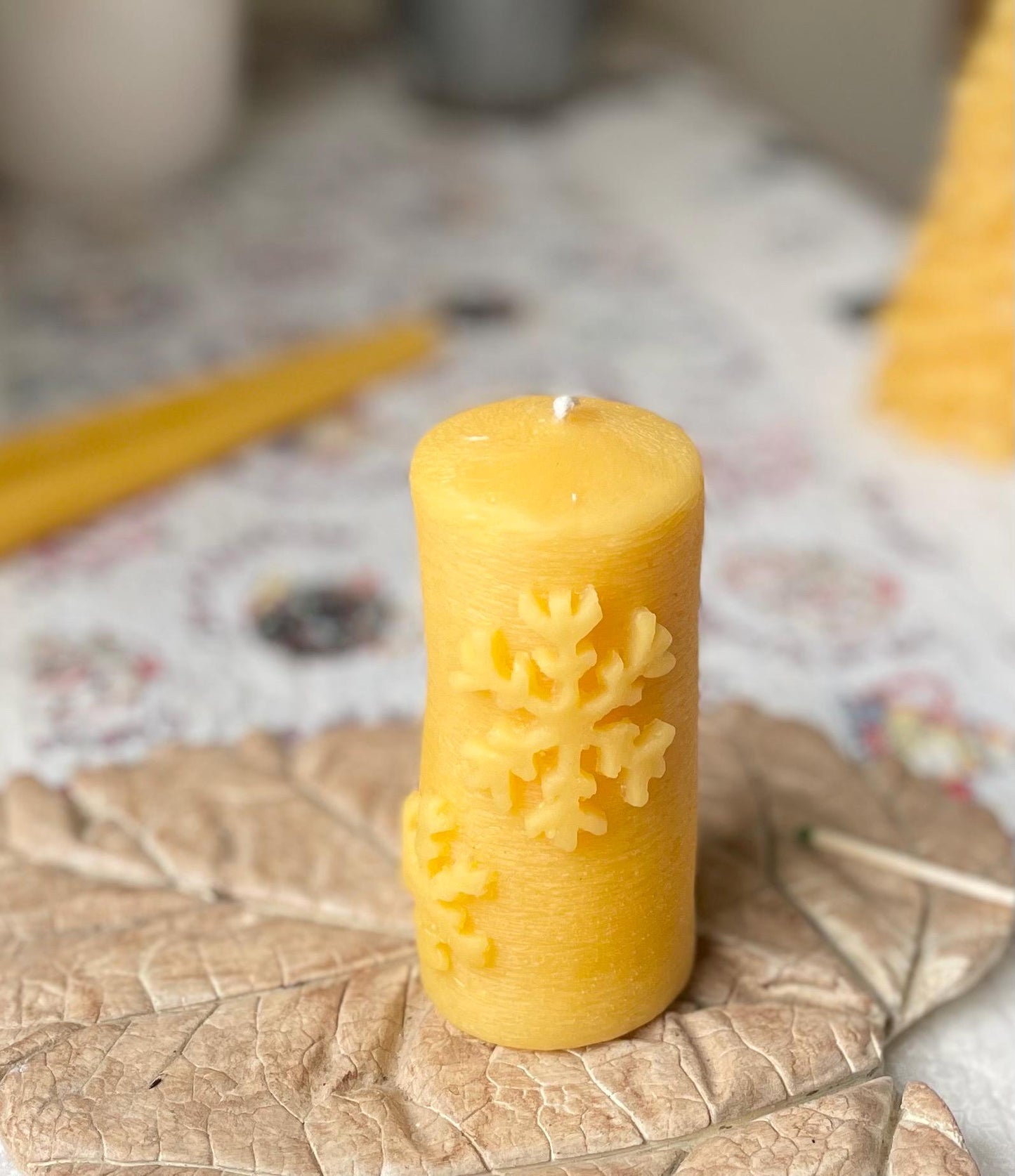 Snowflake Pillar Beeswax Candle