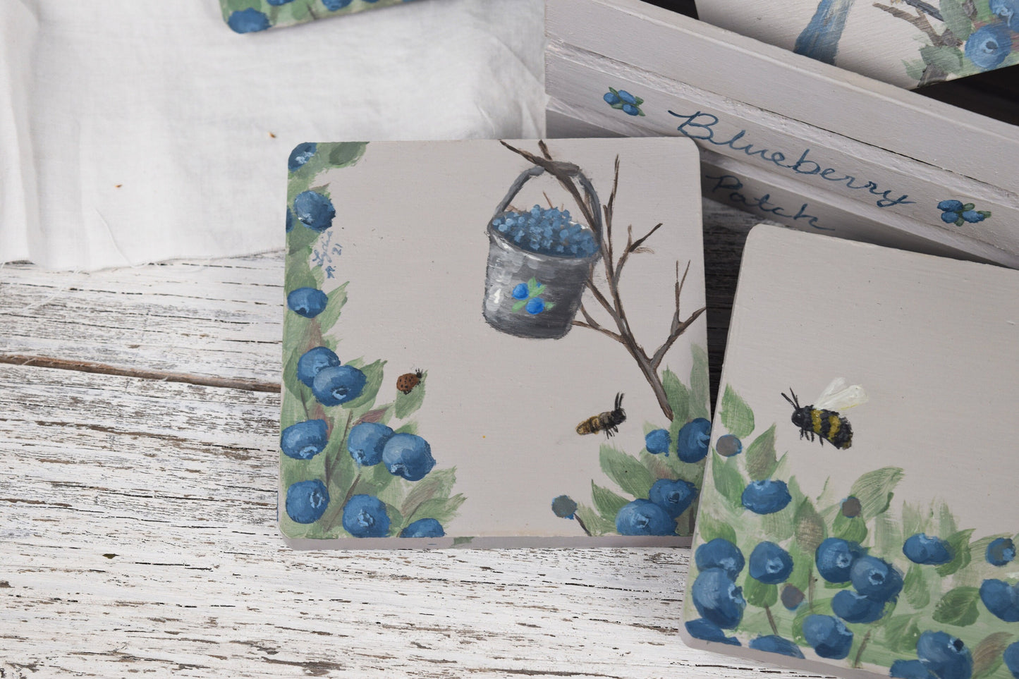 Set of Bird and Blueberry Coasters
