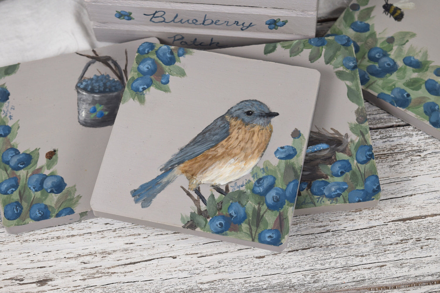 Set of Bird and Blueberry Coasters