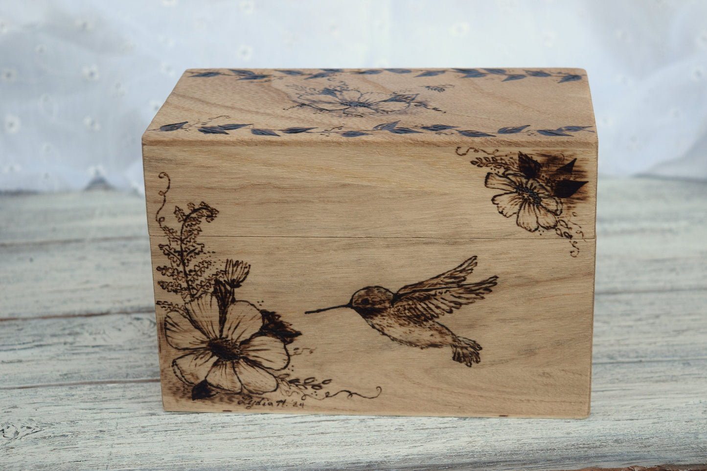 Woodburned Hummingbird Recipe Box