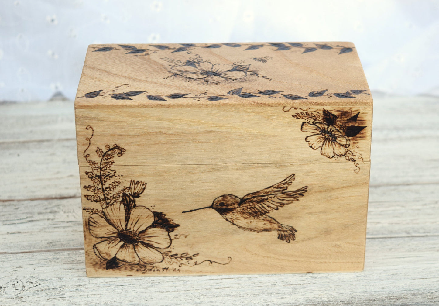 Woodburned Hummingbird Recipe Box