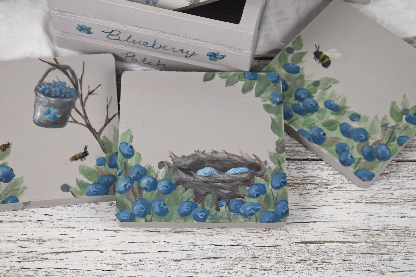 Set of Bird and Blueberry Coasters