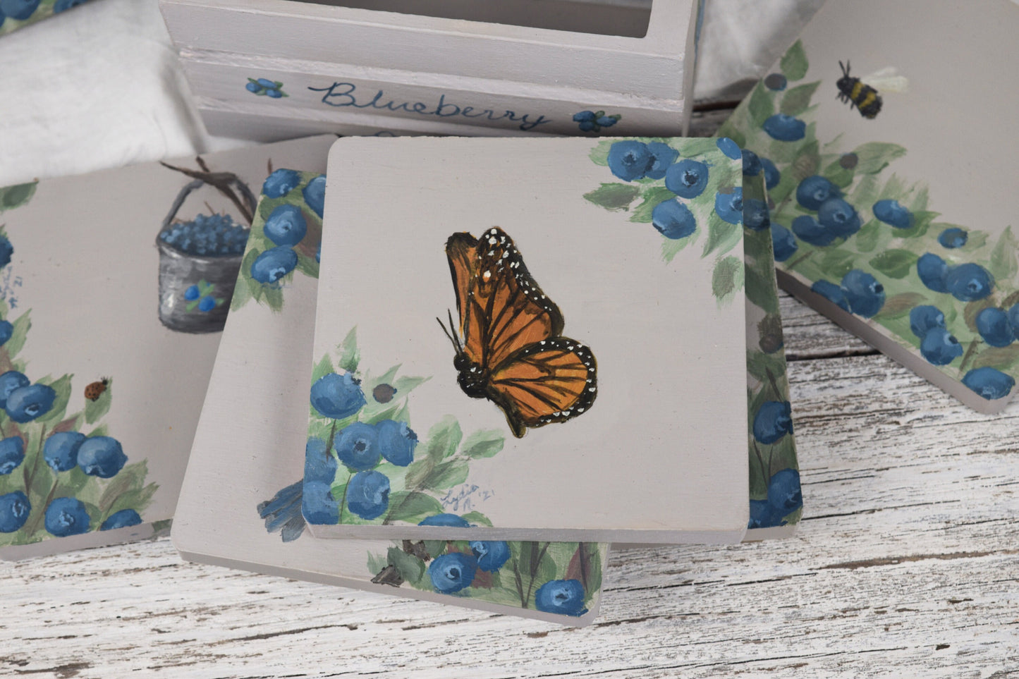 Set of Bird and Blueberry Coasters