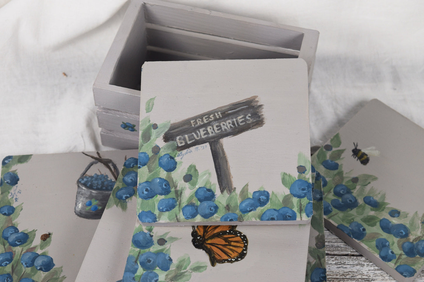 Set of Bird and Blueberry Coasters
