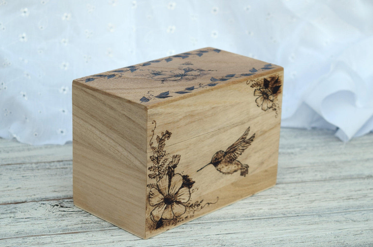 Woodburned Hummingbird Recipe Box