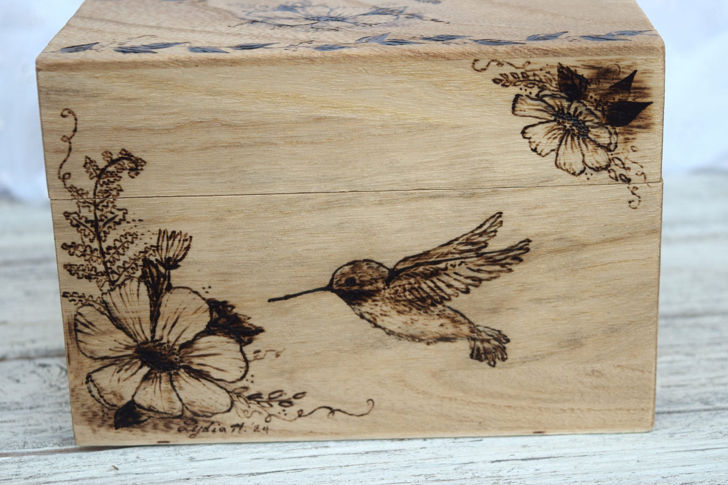 Woodburned Hummingbird Recipe Box