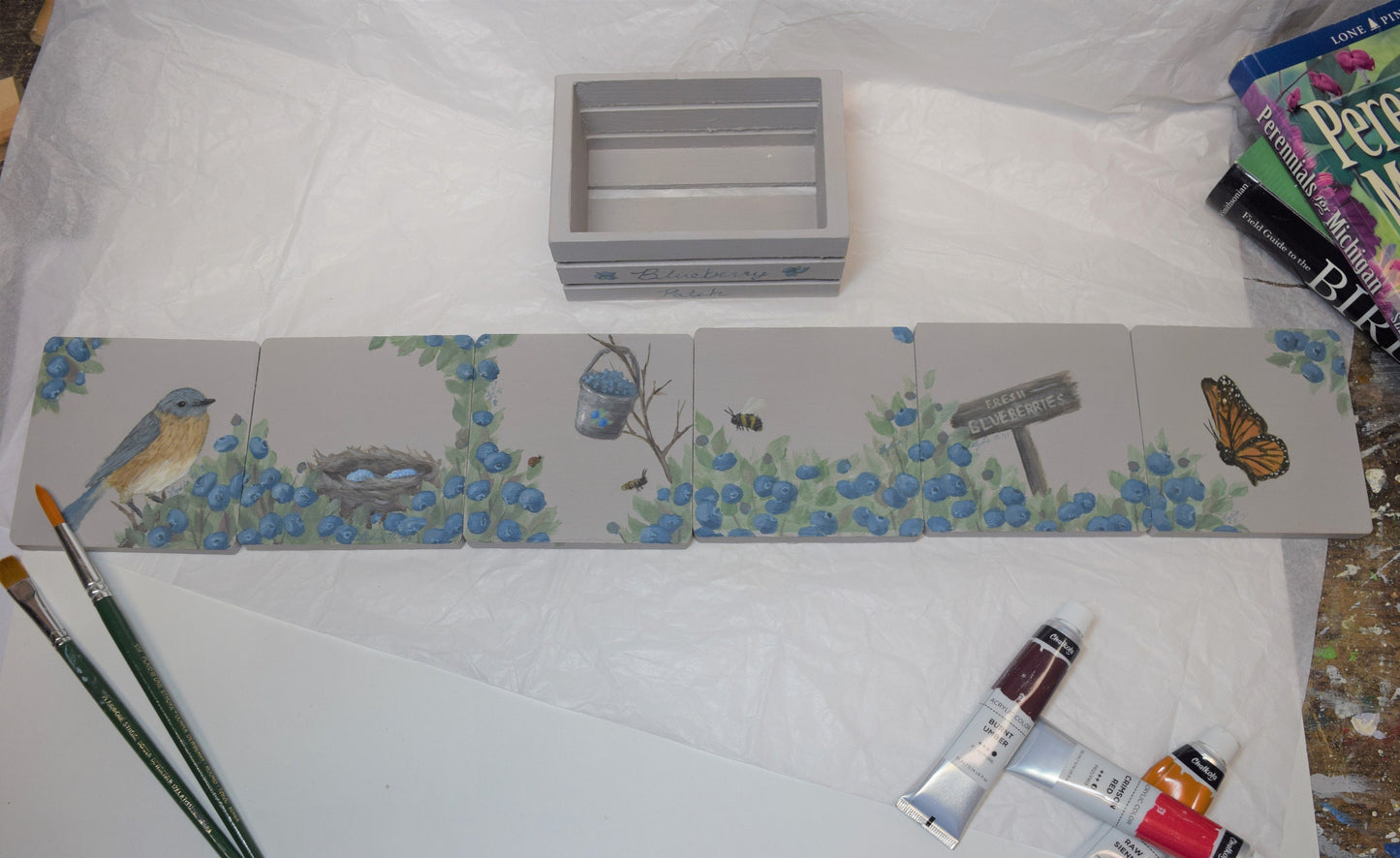 Set of Bird and Blueberry Coasters