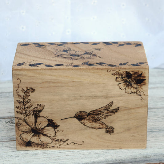 Woodburned Hummingbird Recipe Box