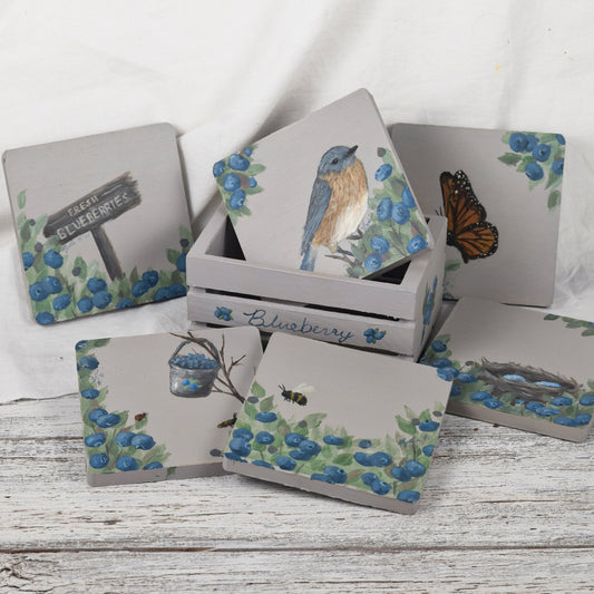 Set of Bird and Blueberry Coasters